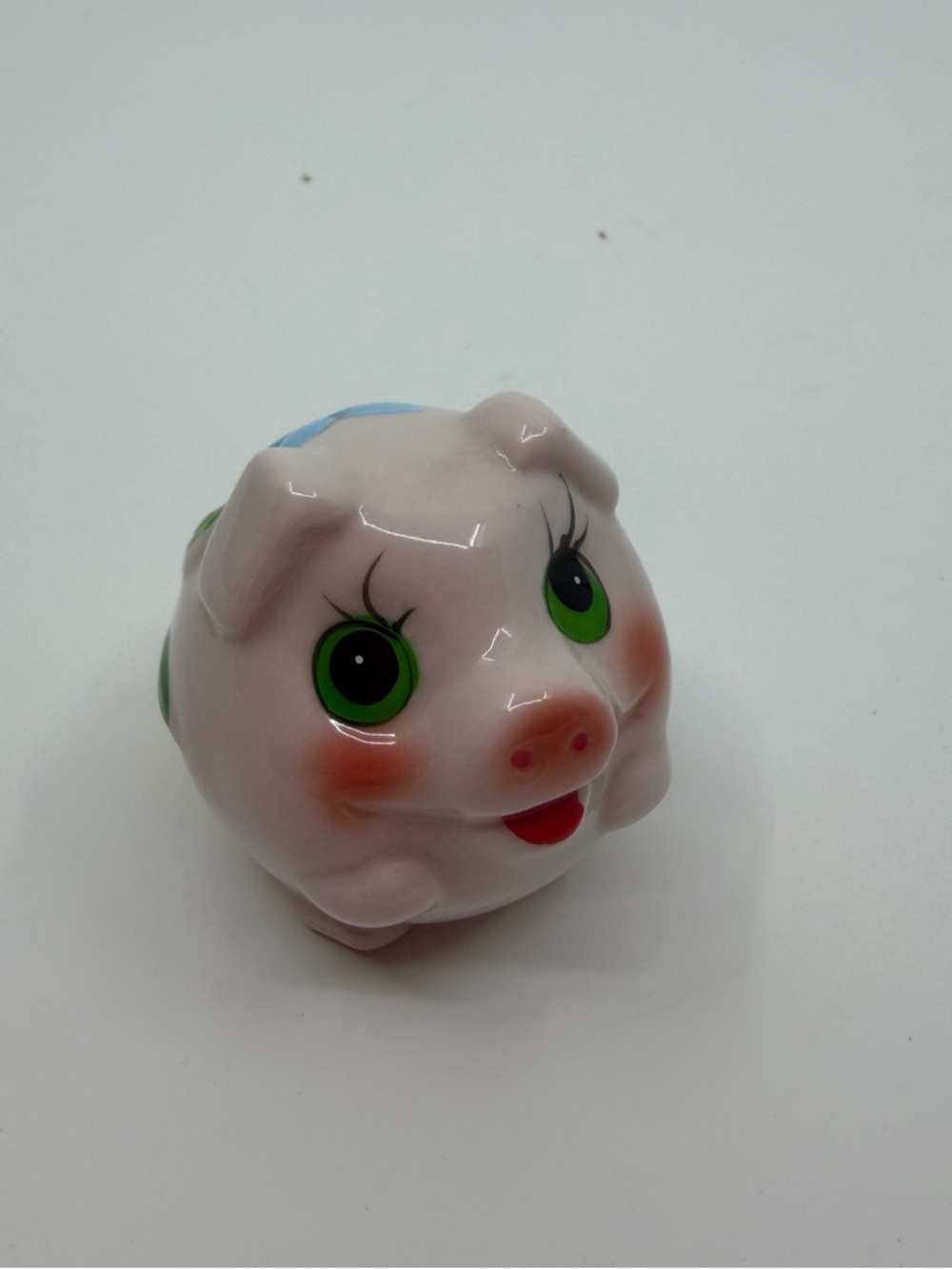 Vintage Mini Ceramic Pink Pig Figurine 2” Floral Green Eyes